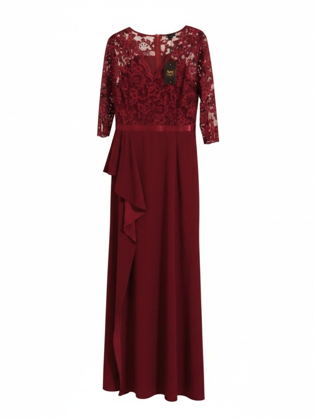 Burgundy Lace Bodice Long-Sleeve Evening Dress